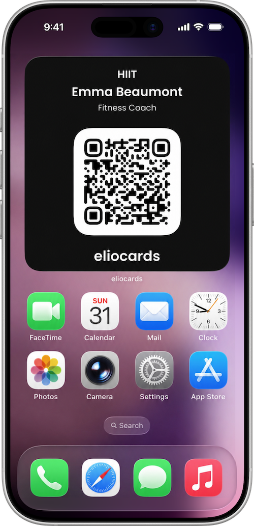 Widget eliocards affichant une carte de visite sur l’écran d’accueil d’un iPhone